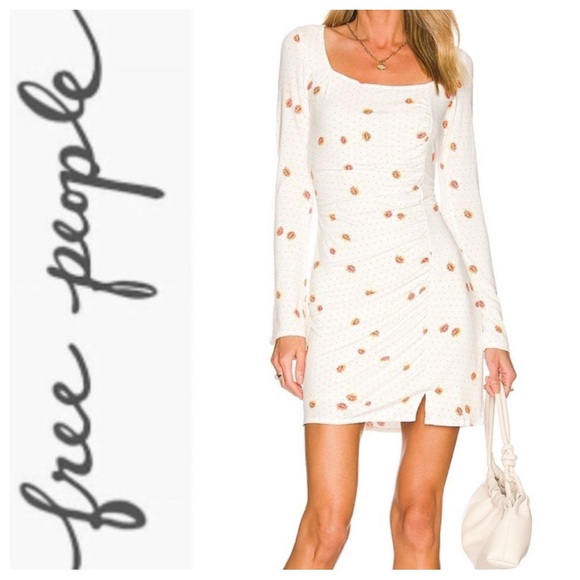 Free People Dress Celia Floral Long Sleeve Mini Ivory Combo L NWOT - Picture 1 of 11